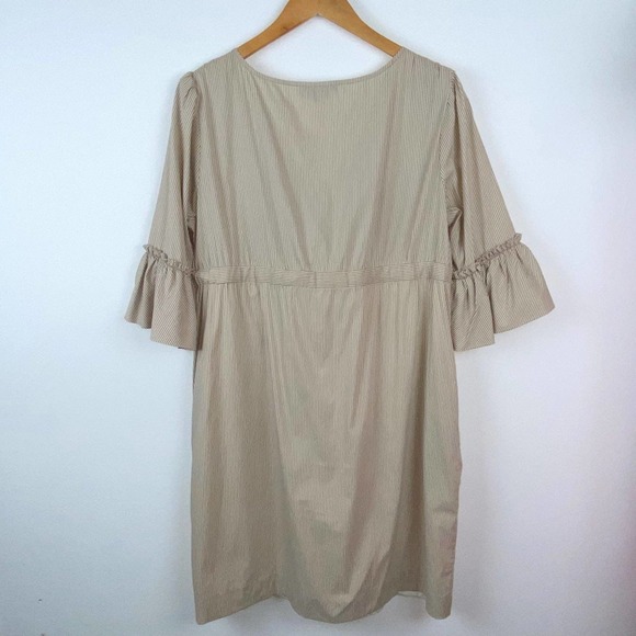 L BCBGMAXAZRIA Flounce Bell Sleeve Elastic Waist Pinstripe Boho V Neck Bow Dress - Picture 6 of 8